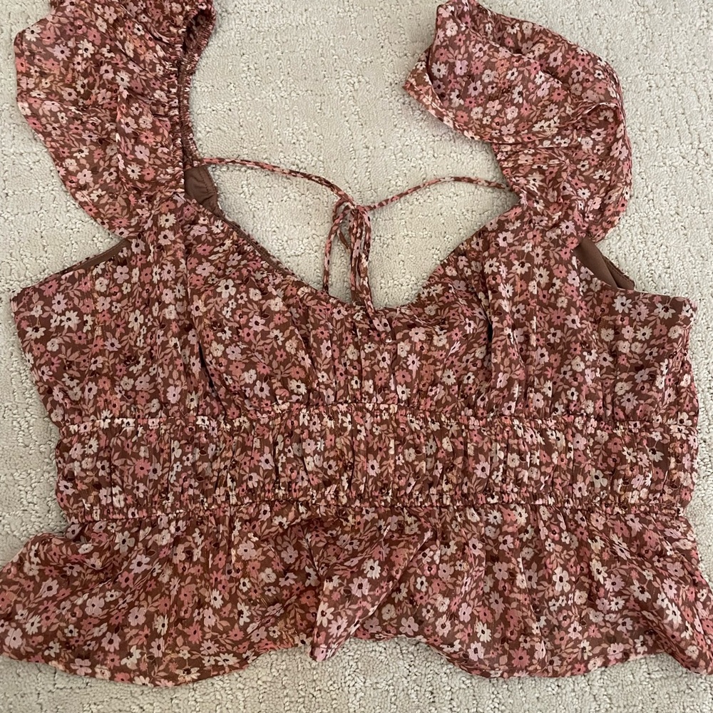Altar'd State Floral Ruffle Blouse in Pink and Brown